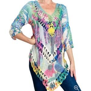Adore Boho Hippie Colorful Abstract Floral Crochet Festival Top Size Large